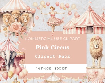Pink Circus Tent Clipart, Watercolor Circus Animal pngs, Vintage Circus Carnival  Birthday, Digital Download, Commercial Use, 14 Png 300 dpi