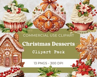 Christmas Dessert Clipart, Xmas Cakes Png, Gingerbread Cookies Sweets, Watercolor Holiday Baking, Digital Download, Commercial Use, 13 Png