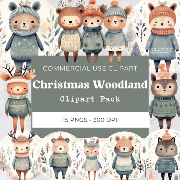 Christmas Woodland Animal Clipart, Christmas Sweaters Png, Winter Cute Animal Clipart, Digital Download, Commercial Use, 15 Png 300 Dpi