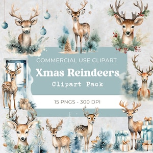 Cute Reindeer Clipart, Reindeer Png, Retro Vintage Christmas, Watercolor Christmas | Digital Download, Commercial Use, 15 Png 300 Dpi