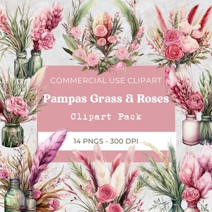 Pampas Grass and Roses Clipart, Boho Floral Png, Acuarela Boho Bouquet, Coronas Boho de Boda, Descarga Digital, Uso Comercial, 14 Png
