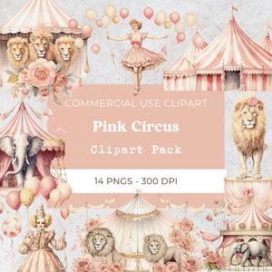Roze circustent clipart, aquarel circusdier pngs, vintage circus carnaval verjaardag, digitale download, commercieel gebruik, 14 png 300 dpi