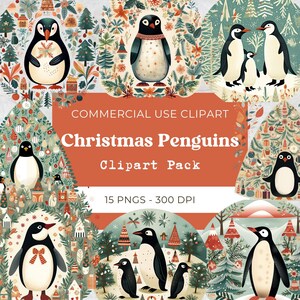 Christmas Penguins Clipart, Cute Penguin Png, Winter Clipart, Winter Animals, Christmas Card, Digital Download, Commercial Use