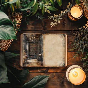 Op de afbeelding: Een open dagboek met een vintage ontwerp met een bibliotheeksc&egrave;ne op de linkerpagina en lege pagina's aan de rechterkant. Het dagboek ligt op een houten oppervlak met groene planten en twee brandende kaarsen.