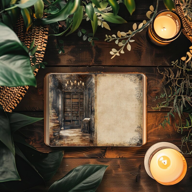 Op de afbeelding: Een open dagboek met een vintage ontwerp met een bibliotheeksc&egrave;ne op de linkerpagina en lege pagina's aan de rechterkant. Het dagboek ligt op een houten oppervlak met groene planten en twee brandende kaarsen.