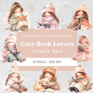 Clipart di lettura per bambina, clipart per amante dei libri, topo di biblioteca, lettura invernale, clipart di lettura accogliente, download digitale, uso commerciale, 10 Png