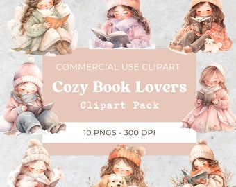 Little Girl Reading Clipart, Book Lover Clipart, Bookworm, Winter Reading, Cozy Reading Clipart, Digital Download, Commercial Use, 10 Png