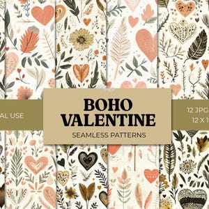 Boho Herzen Musterdesign, Digitales Papier, Boho Florale Elemente & Romantische Valentinstag Motive, für Wallpaper oder Hintergründe, 12 JPGs