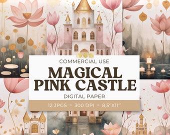 Castelo rosa mágico para impressão, papel digital de fantasia, fundo de princesa rosa, página de diário de lixo 8,5 x 11, cartão de álbum de recortes, uso comercial JPG