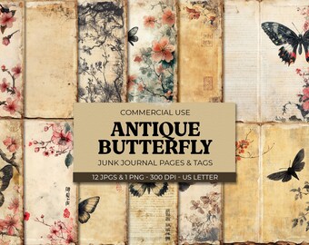 Antique Butterfly Scrapbook Paper Pack of 12 - Vintage Floral Junk Journal Pages, Asian Botanical Ephemera, Printable Craft Paper Set