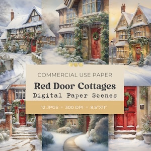 Chalets de Noël de la porte rouge, aquarelle hiver 8,5 x 11 papiers, pages de journal indésirable, scrapbooking, papier numérique, carte de voeux, usage Commercial, JPG