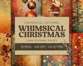 May include: A collage of 12 digital papers featuring whimsical Christmas themes. The papers include images of ornaments, Santa Claus, a forest, and stars. The papers are designed for use in junk journals and are 300 DPI and US Letter size.