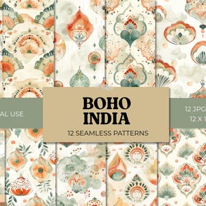 May include: A collection of 12 seamless patterns with a Boho India theme. The patterns feature watercolor designs in shades of orange, green, and cream. The image includes the text "BOHO INDIA" and "12 Seamless Patterns". Each pattern is 12 x 12 inches.