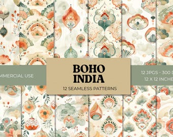 May include: A collection of 12 seamless patterns with a Boho India theme. The patterns feature watercolor designs in shades of orange, green, and cream. The image includes the text "BOHO INDIA" and "12 Seamless Patterns". Each pattern is 12 x 12 inches.