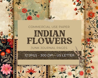 Afdrukbare pagina's voor Floral Junk Journal met tags, pakket ambachtelijk papier, vintage Indiase bloem collageblad, plakboekpapier, digitale download