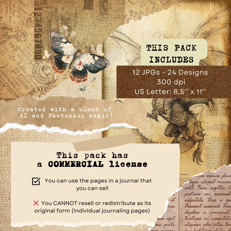 May include: A digital collage pack with 24 designs for journaling. The pack includes a butterfly, a dragon, and vintage text. The pack is 8.5 inches by 11 inches and has a commercial license.