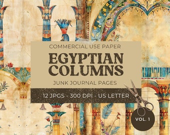 May include: A digital paper pack featuring 12 images of vintage illustrations of Egyptian columns. The images are in a warm color palette with gold, red, blue, and green accents. The text "COMMERCIAL USE PAPER EGYPTIAN COLUMNS JUNK JOURNAL PAGES 12 JPGS - 300 DPI - US LETTER VOL. 1" is displayed on the image.