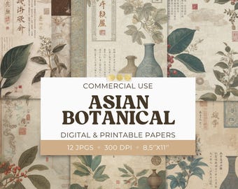 Paquete de papel para álbum de recortes botánico asiático: efímeras florales chinas vintage, kit de diario basura, papel para manualidades imprimible, descarga digital