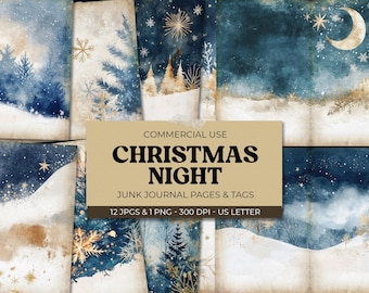 Christmas Background Digital Junk Journal, Journal Pages + Tags, Winter Snow Printable Ephemera, Paper Craft Collage Sheet, Scrapbooking