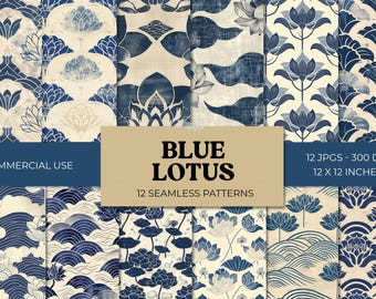 May include: A collection of 12 seamless patterns featuring blue and white lotus flower designs. The patterns are displayed in a grid, showcasing various floral and abstract motifs. The image includes the text "BLUE LOTUS" and "12 SEAMLESS PATTERNS".