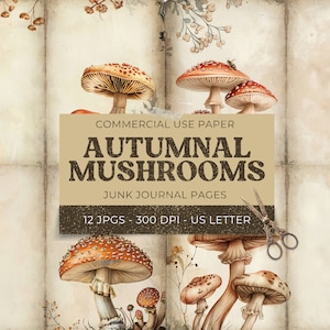 Mushroom Junk Journal Printable, Pages & Tags, Collage Sheet, Vintage Fungi Digital Junk Journal Pages, Autumn Scrapbook Paper 11 x 8.5