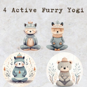 May include: Four illustrations of furry animals in winter clothing practicing yoga poses. The animals are a fox, a bear, and two cats. The illustrations are in a cartoon style and have a whimsical feel.