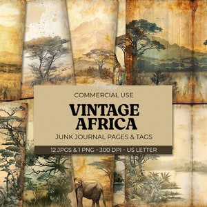 Pacchetto di pagine ed etichette del diario spazzatura con stampa Safari africano, documenti di avventure di viaggio tropicali vintage, foglio di scrapbooking del paesaggio della savana