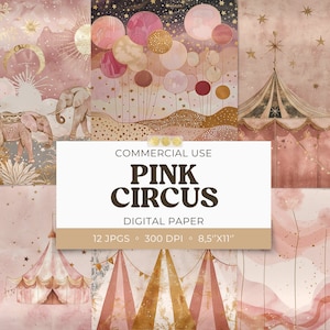 Pink Circus Junk Cards, Boho Circus Printables, Digital Paper Junk Journal Supply Digital Download, 8.5x11 Sheet, Scrapbooking, Commercial