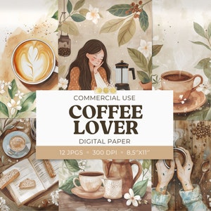 Amateur de café, imprimable, papiers numériques, tasse à latte florale bohème, pages de journal indésirable 8,5 x 11 feuilles, cartes de scrapbooking, usage commercial, 12 JPG