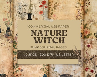 Witch Junk Journal Pages & Tags, Craft Paper Pack, Vintage Herbal Collage Sheet, Nature Magic Scrapbook Paper Printable, Digital Download