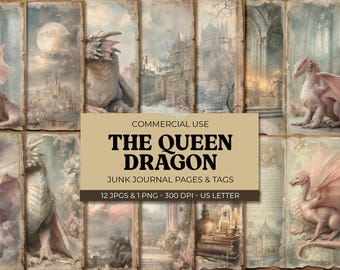 Printable Dragon Junk Journal Kit, Vintage Fantasy Pages, Tags (Digital Download) 5