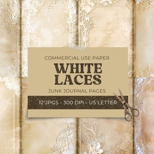 Lace Junk Journal Papers, Pages & Tags, Craft Paper Pack, Vintage Collage Sheet, White Flowers Scrapbook Paper Printable, Digital Download