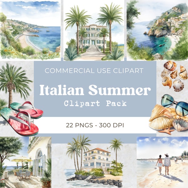 Italian Summer Clipart | Digital Download |Free Commercial Use | Coastal Scenes, Seaside Villas, Beach Clipart | 22 Png 300 Dpi