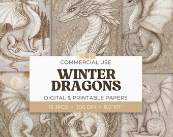 Dragon Printable Digital Papers, Fantasy Ephemera, White Gold Junk Journal Page, Scrapbook Cards, Winter Snow Dragon, Commercial Use, 12 JPG