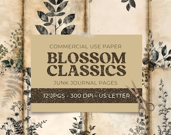May include: A digital download of 12 printable journal pages featuring vintage botanical illustrations. The pages are designed for use in junk journals and are available for commercial use. The text on the image reads "COMMERCIAL USE PAPER BLOSSOM CLASSICS JUNK JOURNAL PAGES 12 JPGS - 300 DPI - US LETTER".
