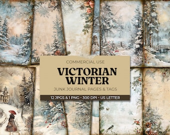 Victorian Winter Junk Journal Page, Vintage Paper Scrapbook, Snowy Forest Pine Trees,  Digital Collage, Printable Pages & Tags