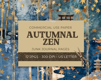 Autumnal Zen Junk Journal Kit, 12 Japanese Garden Digital Journal Pages + 18 tags, Printable Ephemera, Paper Craft, Collage Sheet 11 x 8.5