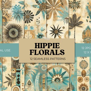 Hippie Flowers Seamless Patterns, Grunge Hippie Flowers Digital Paper, 12 Designs, 12x12in, Commercial Use, Boho Floral Patterns, Crafts
