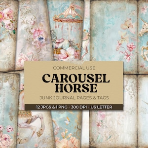 Carousel Horse Junk Journal Page, Pink Circus Printable Collage Sheets, Vintage Boho Carnival Digital Download Paper Fun Fair Scrapbook Kit
