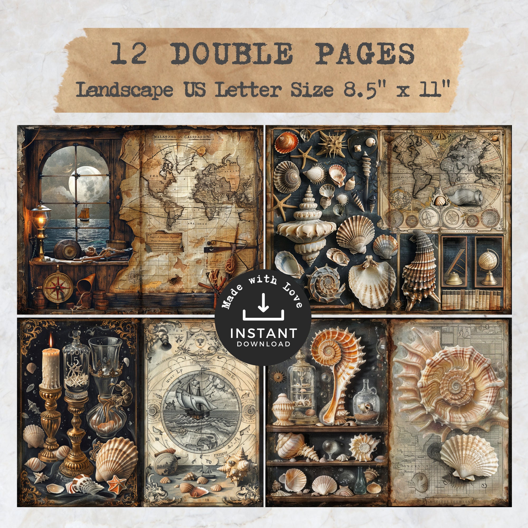 Junk Journal Kit Nautical, 12 Vintage Digital Journal Pages 18 Tags ...
