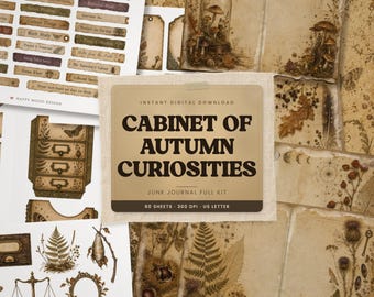 Cabinet of Autumn Curiosities, 60 Sheet Junk Journal Ephemera Kit, Victorian Naturalist Botanical Printable, Vintage Autumn Journal