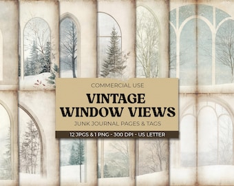 Digital Junk Journal Kit for Winter, Vintage Window Views Cards, Winter Landscape Journal Pages & Tags, Printable Scrapbook, Digital Papers