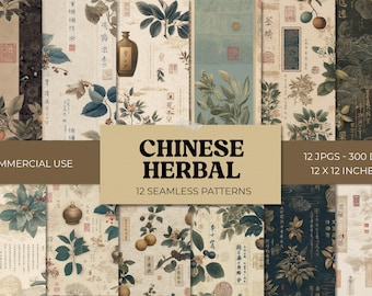 Vintage Chinese Herbal Seamless Patterns, Retro Seamless Digital Papers, Asian Scrapbook Backgrounds, Oriental Digital Papers, for Crafts