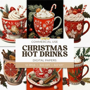 Papeles digitales para bebidas calientes navideñas victorianas, diseños únicos para las fiestas, tazas acogedoras para chocolate caliente, álbumes de recortes, efímeras, tarjetas vintage de invierno