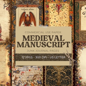 Pagina del diario spazzatura medievale, Effimera fantasy in scrittura gotica, Creature mitiche, Carta per album stampabile, Doppie pagine, Download digitale