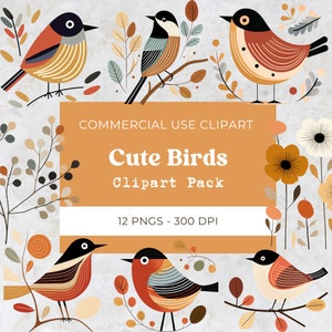 Clipart di uccelli carini, Boho Bird Png, Clipart di uccelli autunnali, Uccelli e fiori retrò / Download digitale, Uso commerciale, 12 Png 300 Dpi