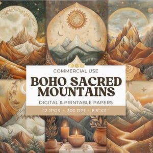 Boho Sacred Mountains Printable Digital Papers, Junk Journal, Mystical Nature Scrapbooking, Spiritual Mountain Art, Printable Crafts Pack