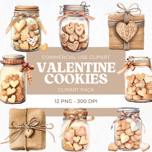 Valentine Cookie Clipart, Watercolor Heart Cookie, Cookie Jar Clip Art, Valentine Day's Gift png, Digital Download, Commercial Use, 12 Png