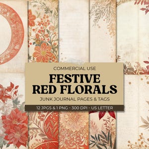 Vintage Red Floral Pages, Cyfrowy papier, Junk Journal, Papier do scrapbookingu, Wydrukowane kwiaty, Sezon świąteczny, Zimowe święta, Wzory papieru