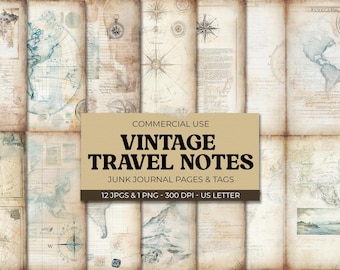 Travel Junk Journal Pages, Retro Ephemera, Vintage Scrapbook Printable, Printable Travel Kit, Digital Collage, Old Map Pages, Vintage Paper